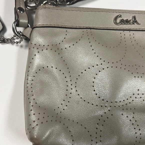 Coach Perforated Logo Gray Leather Wristlet Clutch - Picture 2 of 8